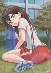 Rule 34 | 1girl, :o, artist name, ass, bang dream!, black hair, blush, breasts, brown hair, commentary request, from side, green eyes, gym uniform, hanazono tae, hand up, highres, lic (licloud28), long hair, looking at viewer, looking back, medium breasts, on grass, open mouth, outdoors, red shorts, shirt, shoes, short sleeves, shorts, sitting, socks, solo, towel, tree, wariza, white shirt
