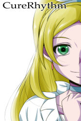 Rule 34 | 10s, 1girl, blonde hair, bloom, character name, choker, cure rhythm, earrings, green eyes, hairband, highres, jewelry, long hair, looking at viewer, magical girl, md5 mismatch, minamino kanade, nishi koutarou, out of frame, portrait, precure, simple background, smile, solo, suite precure, white background, white choker