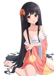 Rule 34 | 1girl, :o, absurdres, bare shoulders, black hair, blunt bangs, breasts, collarbone, expressionless, flower, hair flower, hair ornament, highres, houraisan kaguya, japanese clothes, kimono, long hair, long sleeves, looking to the side, medium breasts, off shoulder, open mouth, red eyes, sarashi, simple background, small breasts, solo, touhou, very long hair, waterappliance, white background, wide sleeves