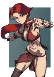 Rule 34 | 1girl, abs, arm guards, bikini, boots, border, breasts, cleavage, closed mouth, commentary, english commentary, grey background, holding, holding sword, holding weapon, large breasts, long hair, looking at viewer, mortal kombat (series), mortal kombat 9, muscular, muscular female, navel, ninja, no mask, pelvic curtain, ponytail, red bikini, red eyes, red hair, reverse grip, rggr, short sword, skarlet, smile, solo, swimsuit, sword, tantou, thigh boots, v-shaped eyebrows, weapon, white border