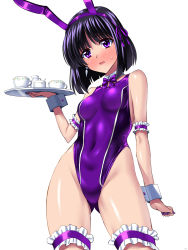 Rule 34 | 1girl, animal ears, arm at side, arm garter, bishoujo senshi sailor moon, black hair, blush, bow, bowtie, bridal garter, competition swimsuit, covered navel, cowboy shot, cup, fake animal ears, full-face blush, gluteal fold, hair ribbon, highleg, highleg swimsuit, holding, holding tray, leotard, looking at viewer, nail polish, nontraditional playboy bunny, one-piece swimsuit, playboy bunny, playboy bunny swimsuit, purple bow, purple bowtie, purple eyes, purple hair, purple nails, purple one-piece swimsuit, purple ribbon, rabbit ears, ribbon, sen (sansui), short hair, simple background, solo, sweatdrop, swimsuit, teacup, tomoe hotaru, tray, white background, wrist cuffs