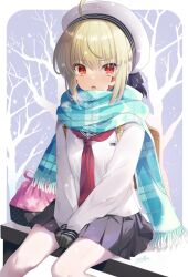 Rule 34 | 1girl, ahoge, backpack, bag, bench, beret, black gloves, black skirt, blonde hair, blue scarf, breasts, commentary request, facial mark, fate/grand order, fate (series), gloves, hair intakes, hair ribbon, hat, highres, ikegami akane, long sleeves, looking at viewer, medium hair, neckerchief, nero claudius (fate), nero claudius (fate) (all), open mouth, pantyhose, plaid, plaid scarf, pleated skirt, queen draco (fate), red eyes, red neckerchief, ribbon, scarf, school uniform, serafuku, shirt, sitting, skirt, small breasts, solo, white hat, white pantyhose, white shirt