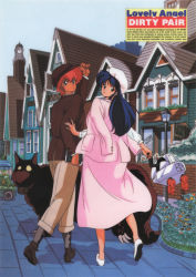 Rule 34 | 1980s (style), 2girls, absurdres, adjusting clothes, adjusting headwear, blue hair, book, copyright name, day, dirty pair, dog, hat, highres, holding, holding book, kei (dirty pair), long hair, long skirt, long sleeves, looking at viewer, looking back, mughi, multiple girls, nanmo, official art, oldschool, outdoors, pink skirt, red hair, retro artstyle, robot, scan, short hair, skirt, walking, yuri (dirty pair)