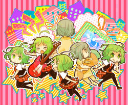 Rule 34 | 7:24, :p, ahoge, chibi, fang, glasses, green eyes, green hair, guitar, gumi, instrument, looking at viewer, multiple persona, pantyhose, school uniform, setsuna trip (vocaloid), short hair, skirt, smile, tongue, tongue out, vocaloid