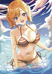 Rule 34 | 1girl, akiranakayama05, bare arms, bare legs, bare shoulders, bikini, blush, breasts, cleavage, cloud, collarbone, commentary request, cowboy shot, highres, large breasts, looking at viewer, love live!, love live! superstar!!, ocean, open mouth, orange hair, outdoors, purple eyes, shibuya kanon, short hair, side-tie bikini bottom, smile, solo, striped bikini, striped clothes, swimsuit, teeth, upper teeth only, wading