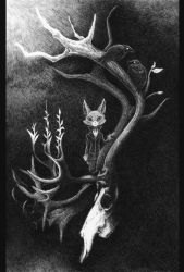 Rule 34 | :&lt;, antlers, bad id, bad pixiv id, bird, cat, formal, greyscale, horns, looking at viewer, monochrome, no humans, original, pants, pillarboxed, plant, raven, crow, scenery, shiba wangoro, shirt, skull, solo, standing, surreal, traditional media