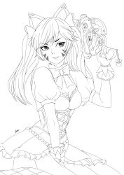 Rule 34 | 1girl, absurdres, animal ears, beads, between legs, black cat d.va, bow, bowtie, breasts, cat ears, cleavage, collarbone, corset, d.va (overwatch), dress, earrings, facepaint, facial mark, finger on trigger, frilled dress, frills, gloves, greyscale, gun, hand between legs, handgun, heart, heart earrings, highres, holding, holding gun, holding weapon, jewelry, lineart, lolita fashion, looking at viewer, makotothebadass, medium breasts, medium hair, monochrome, official alternate costume, overwatch, overwatch 1, parted lips, pistol, puffy short sleeves, puffy sleeves, short sleeves, signature, simple background, sitting, smile, solo, twintails, upper body, weapon, whisker markings, white background