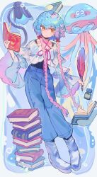 Rule 34 | 1girl, blue hair, book, book stack, boots, bow, braid, bubble, commentary request, criss-cross halter, full body, hair bow, halterneck, healslime, highres, holding, holding quill, ink bottle, jellyfish, lamp, long hair, long sleeves, looking to the side, multicolored hair, orange eyes, original, pants, pink hair, purple hair, quill, shirt, solo, twin braids, undershirt, ushinoki, very long hair