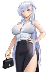 Rule 34 | 1girl, :d, absurdres, azur lane, bag, bangle, bare arms, bare shoulders, belfast (azur lane), black skirt, blush, bra, bracelet, braid, breasts, collared shirt, commentary, cowboy shot, english commentary, hand on own hip, handbag, highres, holding, holding bag, jewelry, large breasts, long hair, looking at viewer, lordol, open mouth, pelvic curtain, purple eyes, shirt, silver hair, simple background, skirt, sleeveless, sleeveless shirt, smile, solo, straight hair, thighs, underwear, very long hair, white background, white shirt