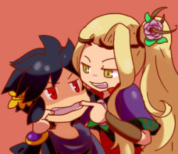 Rule 34 | 1boy, 1girl, armband, black hair, blonde hair, dark pit, flower, fluora, hair flower, hair ornament, kid icarus, kid icarus uprising, long hair, looking at another, lowres, mouth pull, nintendo, open mouth, red eyes, shaded face, smile, teeth, very long hair, viridi