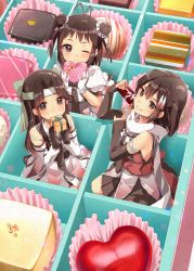 Rule 34 | 10s, 3girls, black gloves, black skirt, box, box of chocolates, brown eyes, brown hair, detached sleeves, double bun, elbow gloves, gift, gift box, gloves, grin, hair flaps, heart-shaped box, highres, in box, in container, jintsuu (kancolle), kantai collection, koruri, long hair, multiple girls, naka (kancolle), one eye closed, pleated skirt, puffy short sleeves, puffy sleeves, sailor collar, scarf, school uniform, sendai (kancolle), serafuku, short hair, short sleeves, skirt, sleeveless, smile, two side up, white scarf