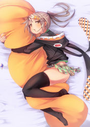 Rule 34 | 1girl, :t, ass, black thighhighs, blush, brown eyes, fu-ta, grey hair, hair ornament, hairclip, hood, hooded jacket, hug, jacket, looking at viewer, lying, hugging object, on side, original, pillow, pillow hug, ponytail, pout, skirt, solo, thighhighs, usami taiga