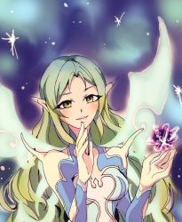 Rule 34 | 1girl, aqua hair, breasts, dress, gloves, gradient background, lips, long hair, magic, multicolored hair, muzet (tales), pointy ears, solo, tales of (series), tales of xillia, wings, yellow eyes