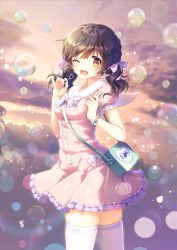 Rule 34 | 1girl, ;d, backlighting, bag, blush, bow, bracelet, breasts, brown hair, bubble, cloud, cloudy sky, cowboy shot, dress, from side, hair bow, handbag, holding, jewelry, lens flare, long hair, looking at viewer, nail polish, narinn, one eye closed, open mouth, orange eyes, original, outdoors, pearl bracelet, pink dress, puffy short sleeves, puffy sleeves, purple bow, purple nails, sailor collar, sailor dress, short sleeves, shoulder bag, skindentation, sky, small breasts, smile, soap bubbles, solo, sparkle, standing, star (symbol), striped, striped bow, tareme, thighhighs, white sailor collar, white thighhighs, zettai ryouiki