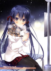 Rule 34 | 1girl, absurdres, black hair, bow, breasts, eyebrows, grey eyes, hair between eyes, hair bow, highres, long hair, looking at viewer, motomiya mitsuki, original, outdoors, own hands together, pleated skirt, red bow, red skirt, scarf, sitting, skirt, smile, snow, solo, thighhighs