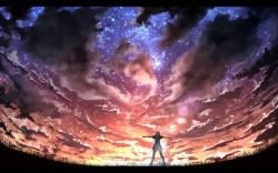 Rule 34 | 1girl, artist request, back, cloud, full body, grass, long hair, night, night sky, non-web source, original, scenery, sky, solo, source request, sunset