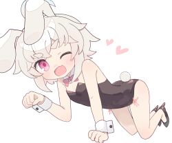 Rule 34 | 1girl, ;d, animal ears, bare shoulders, black footwear, black leotard, blush, bow, bowtie, breasts, collar, detached collar, fang, full body, grey hair, hand up, heart, high heels, highres, kemonomimi mode, kibisake, leotard, looking at viewer, new year, one eye closed, open mouth, original, paw pose, pink bow, pink bowtie, pink eyes, playboy bunny, rabbit ears, rabbit tail, shoes, short eyebrows, simple background, small breasts, smile, solo, strapless, strapless leotard, tail, thick eyebrows, torii koyomi, white background, white collar, wrist cuffs