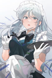 Rule 34 | 1girl, absurdres, alternate hair length, alternate hairstyle, apron, black bow, black bowtie, blue dress, bow, bowtie, breasts, dress, frilled apron, frills, gloves, grey eyes, grey hair, highres, holding, holding knife, holding tray, izayoi sakuya, knife, long hair, maid apron, maid headdress, medium breasts, open mouth, parted lips, puffy short sleeves, puffy sleeves, sarukana, shirt, short sleeves, touhou, tray, upper body, very long hair, waist apron, white apron, white gloves, white shirt
