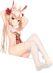 Rule 34 | 1girl, armpits, arms up, ayanami (azur lane), azur lane, bachibachi (tisen), bare arms, blonde hair, bottomless, bow, bra, breasts, double v, feet, foot focus, foreshortening, hair bow, hair ornament, highres, long hair, looking at viewer, medium breasts, no shoes, ponytail, red bow, red eyes, simple background, sitting, skindentation, solo, tassel, thighhighs, underwear, v, white background, white bra, white thighhighs