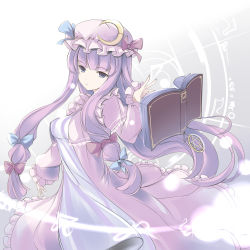 Rule 34 | 1girl, bad id, bad pixiv id, blue eyes, book, bow, crescent, expressionless, faefaea, fingernails, floating, hair bow, hat, hat bow, hat ornament, long hair, magic circle, nightgown, patchouli knowledge, pentagram, purple hair, sidelocks, solo, touhou, very long hair