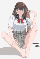 Rule 34 | 1girl, anianiani0607, aozaki aoko, bare legs, barefoot, blue eyes, blush, bow, bowtie, breasts, brown hair, closed mouth, collared shirt, crossed bangs, eyelashes, feet, grey background, hair between eyes, hair intakes, hand on own leg, hand up, headphones, headphones around neck, high-waist skirt, highres, knees apart feet together, knees up, legs, long hair, looking to the side, mahou tsukai no yoru, medium breasts, plaid, plaid skirt, pleated skirt, red bow, red bowtie, school uniform, shadow, shirt, short sleeves, sidelocks, simple background, sitting, skirt, smile, solo, thighs, toenails, toes, white shirt