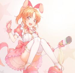 Rule 34 | 10s, 1girl, :d, abe nana, animal ears, ankle ribbon, blush, bow, breasts, brown eyes, brown hair, buttons, choker, dress, fake animal ears, frilled skirt, frills, gloves, hair bow, hand up, idolmaster, idolmaster cinderella girls, leg ribbon, looking at viewer, mary janes, microphone, microphone stand, open mouth, pink dress, pink footwear, pink gloves, pink ribbon, ponytail, puffy short sleeves, puffy sleeves, rabbit ears, ribbon, ribbon choker, round teeth, shoes, short dress, short hair, short sleeves, shuttle (ksb0123), skirt, smile, solo, teeth, thigh ribbon, thighhighs, underbust, white thighhighs, wrist bow, wrist cuffs, wrist ribbon, yellow bow, yellow ribbon