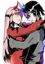 Rule 34 | 10s, 1boy, 1girl, black hair, blossomppg, blue horns, breasts, couple, crying, crying with eyes open, darling in the franxx, closed eyes, fringe trim, hair ornament, hairband, hetero, highres, hiro (darling in the franxx), horns, hug, long hair, long sleeves, looking at another, medium breasts, military, military uniform, necktie, oni horns, pink hair, red eyes, red horns, red pupils, short hair, spoilers, tears, uniform, white hairband, zero two (darling in the franxx)