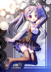 Rule 34 | 1girl, :d, absurdres, arm up, ascot, black thighhighs, dress, hair ribbon, highres, light purple hair, loafers, long hair, open mouth, original, purple eyes, ribbon, scan, shoes, smile, solo, takoyaki (roast), thighhighs, twintails, zettai ryouiki
