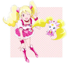 Rule 34 | 00s, 10s, 1girl, \m/, blonde hair, blue eyes, boots, bow, candy (smile precure!), choker, color connection, creature, cure candy, cure peach, eyelashes, facial mark, fresh precure!, full body, hair ornament, hairpin, heart, heart facial mark, heart hair ornament, kijichuu masahiro, kijinaka mahiro, knee boots, long hair, look-alike, magical girl, momozono love, one eye closed, pink bow, pink eyes, pink footwear, precure, skirt, smile, smile precure!, twintails, wink