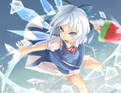 Rule 34 | 1girl, bad id, bad pixiv id, blue dress, blue eyes, bow, cirno, dress, food, hair bow, open mouth, outstretched arm, outstretched hand, popsicle, puffy sleeves, shirt, short hair, short sleeves, silver hair, slashing, solo, sword, touhou, wakame mi, watermelon bar, weapon, wings