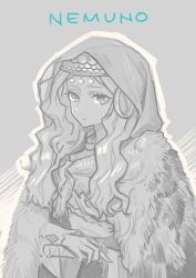 Rule 34 | 1girl, character name, earrings, expressionless, fur, grey background, greyscale, hatchet, jewelry, long hair, looking at viewer, lowres, monochrome, nata (tool), sakata nemuno, slit pupils, solo, touhou, wavy hair, yamamomo (plank)