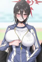 Rule 34 | 1girl, amyu (amm asl pa), black choker, black hair, black wings, blue archive, blue jacket, blush, breasts, choker, feathered wings, gym shirt, gym uniform, hair between eyes, halo, hasumi (blue archive), hasumi (track) (blue archive), highres, jacket, large breasts, large wings, long hair, low wings, mole, mole under eye, official alternate costume, open mouth, partially unzipped, ponytail, red eyes, red halo, shirt, solo, sweat, track jacket, whistle, whistle around neck, white shirt, wings