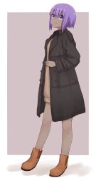 Rule 34 | 1girl, black coat, blush, boots, brown background, brown footwear, brown sweater, closed mouth, coat, dark-skinned female, dark skin, fate/prototype, fate/prototype: fragments of blue and silver, fate (series), full body, hair between eyes, hassan of serenity (fate), highres, i.u.y, long sleeves, looking at viewer, open clothes, open coat, purple eyes, purple hair, short hair, sidelocks, smile, solo, standing, sweater, two-tone background, white background