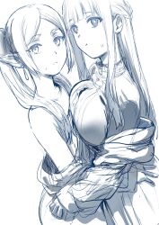 Rule 34 | 1girl, 2girls, :o, asymmetrical docking, bare shoulders, blush, breast press, breasts, commentary, elf, english commentary, fern (sousou no frieren), flat chest, frieren, hews, highres, large breasts, long hair, looking at viewer, multiple girls, open mouth, pointy ears, pout, sousou no frieren, sweat, twintails, yuri