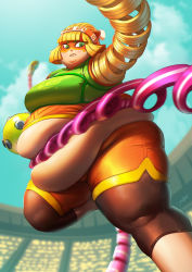 Rule 34 | 1girl, absurdres, arms (game), beanie, bike shorts, blonde hair, breasts, chinese clothes, domino mask, fat, food, green eyes, hat, highres, jeetdoh, large breasts, mask, min min (arms), muffin top, nintendo, noodles, short hair, shorts, solo focus, thick thighs, thighs