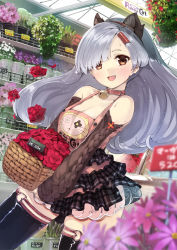 Rule 34 | 1girl, animal ears, bare shoulders, basket, bell, blurry, blush, breasts, brown hair, cat ears, cleavage, collar, depth of field, detached sleeves, earrings, fang, flower, flower pot, furukawa itsuse, hair over one eye, hairband, highres, indoors, jewelry, jingle bell, layered skirt, long hair, looking at viewer, neck bell, open mouth, original, plant, shirt, shop, silver hair, skirt, sleeveless, sleeveless shirt, small breasts, smile, solo, sparkle, stud earrings, suspenders, sweat, thighhighs, zettai ryouiki