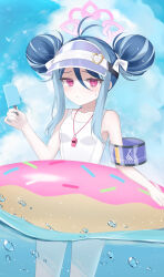 1girl absurdres antenna_hair armband bare_arms bare_legs bare_shoulders blue_archive blue_armband blue_hair blush breasts closed_mouth collarbone day double_bun food fubuki_(blue_archive) fubuki_(swimsuit)_(blue_archive) hair_bun halo highres holding holding_food innertube looking_at_viewer multicolored_hair official_alternate_costume one-piece_swimsuit outdoors partially_submerged pink_halo popsicle red_eyes school_swimsuit short_hair small_breasts solo swim_ring swimsuit water wet wet_hair whistle whistle_around_neck white_one-piece_swimsuit yagen_(user_mxur3238)