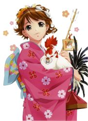 Rule 34 | 1girl, arrow (projectile), bird, bow, brown hair, bug, butterfly, carrying, chicken, flower, grey eyes, hair bow, hair flower, hair ornament, hair ribbon, hairband, hamaya, highres, bug, japanese clothes, kimono, new year, p-mate, ribbon, rin-sin, short hair, smile, solo, translated