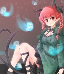 Rule 34 | 1girl, :3, animal ears, blush, bow, braid, breasts, cat ears, cat tail, cleavage, extra ears, fang, fang out, feet out of frame, highres, kaenbyou rin, knees together feet apart, large breasts, leg ribbon, multiple tails, nekomata, oshiaki, pointy ears, red eyes, red hair, ribbon, sitting, smile, solo, tail, touhou, twin braids, two tails