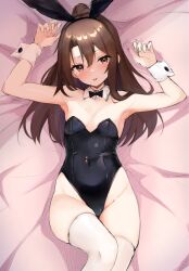 Rule 34 | 1girl, alternate costume, animal ears, black bow, black bowtie, black leotard, bow, bowtie, breasts, brown eyes, brown hair, detached collar, feet out of frame, from above, high ponytail, highres, kantai collection, leotard, looking at viewer, lying, playboy bunny, rabbit ears, small breasts, solo, strapless, strapless leotard, thighhighs, white thighhighs, wrist cuffs, zarashi, zuihou (kancolle)