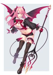 Rule 34 | 1girl, belt, bow, breasts, commentary request, cropped shirt, demon girl, demon horns, demon tail, demon wings, fangs, frilled shirt, frills, full body, gloves, grin, half gloves, highres, holding trident, horns, long hair, looking at viewer, medium breasts, natsumoto, navel, one eye closed, original, pink hair, pointy ears, polearm, purple eyes, red bow, red gloves, shirt, short shorts, shorts, smile, solo, tail, thigh strap, thighhighs, trident, two side up, weapon, wings
