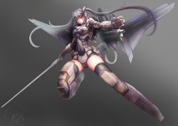 Rule 34 | 10s, 1girl, 2015, absurdres, ammunition belt, armor, artist name, dated, facial mark, gradient background, highres, long hair, mecha musume, outstretched arm, red eyes, shou mai, silver hair, solo, sword, twintails, weapon