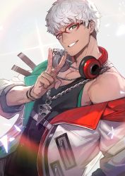 Rule 34 | 1boy, arurandeisu, black shirt, bracelet, collarbone, glasses, green eyes, grey hair, headphones, highres, holostars, jacket, jewelry, lack, long sleeves, looking at viewer, male focus, necklace, off shoulder, one eye closed, open clothes, open jacket, parted lips, red-framed eyewear, shirt, sleeveless, sleeveless shirt, smile, solo, sparkle, teeth, v, virtual youtuber, white jacket, zipper, zipper pull tab