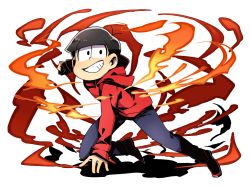 Rule 34 | 10s, 1boy, bad id, bad pixiv id, black hair, clenched hand, company connection, divine gate, en (naguen), fire, hood, hoodie, looking at viewer, male focus, matsuno osomatsu, osomatsu-kun, osomatsu-san, osomatsu (series), parody, smile, solo, studio pierrot, style parody