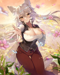 Rule 34 | absurdres, animal ears, apple caramel, bodysuit, breasts, cleavage, commission, fantasy, flower, grey hair, hand on own chest, highres, knight, large breasts, looking at viewer, original, outstretched arm, pants, pixiv commission, red pants, skin tight, sword, thigh gap, thighs, weapon, wolf, wolf ears, wolf girl
