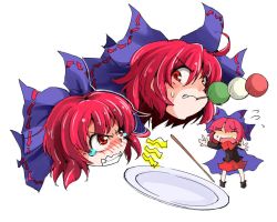 Rule 34 | 1girl, bow, cape, chibi, clenched teeth, dango, disembodied head, closed eyes, fighting, flying sweatdrops, food, hair bow, md5 mismatch, mouth hold, multiple persona, open mouth, red eyes, red hair, resized, sanshoku dango, sekibanki, shinapuu, short hair, skewer, skirt, solo, sweatdrop, teeth, touhou, wagashi