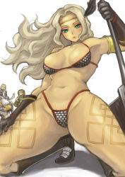 Rule 34 | 1girl, amazon (dragon&#039;s crown), armlet, armor, axe, bikini armor, blonde hair, blush, boots, circlet, crossed arms, dragon&#039;s crown, dwarf (dragon&#039;s crown), elf (dragon&#039;s crown), feathers, gloves, green eyes, halberd, hand on own hip, hashi, headband, hip focus, long hair, muscular, navel, pointy ears, polearm, solo, squatting, tattoo, thick thighs, thighs, vanillaware, weapon, wizard (dragon&#039;s crown)