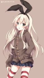 Rule 34 | 10s, 1girl, :o, blonde hair, brown background, brown jacket, green eyes, grey eyes, hair ornament, hairband, hand in pocket, highleg, highleg panties, jacket, kantai collection, long hair, long sleeves, looking at viewer, miniskirt, nonono (nononotea), open mouth, panties, shimakaze (kancolle), simple background, skirt, solo, striped clothes, striped thighhighs, thighhighs, twitter username, underwear, zettai ryouiki