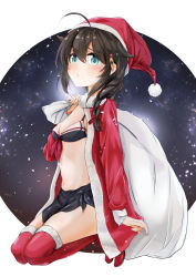Rule 34 | 1girl, adapted costume, ahoge, bikini, black bikini, black hair, black sarong, blue eyes, boots, braid, commentary request, fur-trimmed headwear, fur-trimmed robe, fur trim, hair flaps, hair ornament, hair over shoulder, hat, highres, kantai collection, kneeling, looking at viewer, red hat, red robe, red thighhighs, robe, sack, santa hat, sarong, shigure (kancolle), shigure kai ni (kancolle), single braid, solo, swimsuit, thigh boots, thighhighs, yuzumaki tajii