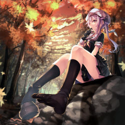 Rule 34 | 10s, 1girl, autumn leaves, bad id, bad pixiv id, beret, between legs, black gloves, black ribbon, black serafuku, black shirt, black skirt, black socks, blouse, blue hair, brown footwear, closed mouth, cloud, falling leaves, feet, finger to mouth, flower, forest, from below, frown, full body, gloves, gradient hair, hair flower, hair ornament, hair ribbon, hand between legs, harusame (kancolle), hat, highres, kantai collection, kneehighs, leaf, loafers, long hair, looking at viewer, maple leaf, miniskirt, motion blur, multicolored hair, nature, neckerchief, on ground, outdoors, panties, pantyshot, pigeon-toed, pink hair, pleated skirt, red eyes, ribbon, rock, saraki, school uniform, serafuku, shade, shirt, shoe dangle, shoes, short sleeves, side ponytail, single shoe, sitting, skirt, sky, socks, solo, tree, underwear, white hat, white panties